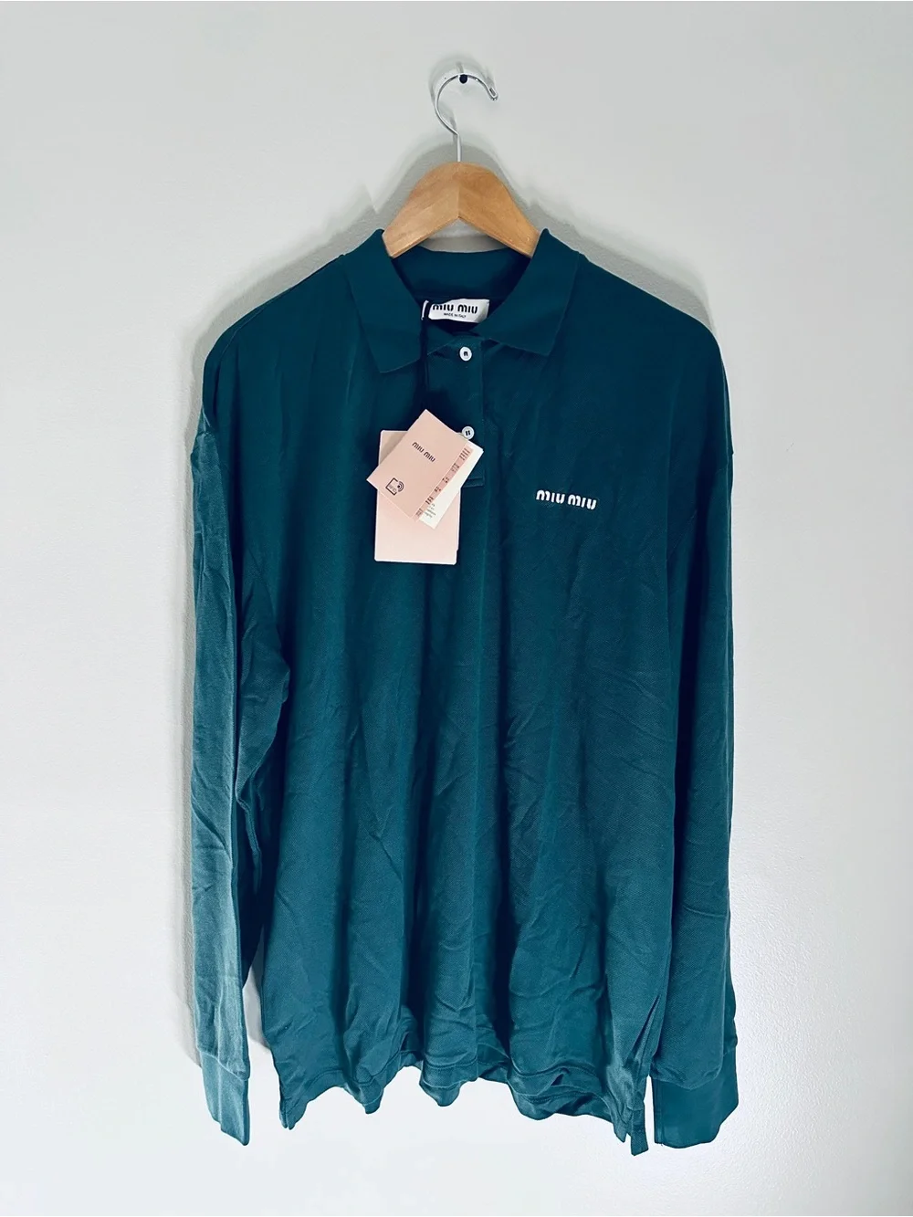 Miu Miu Men's Oversized Pique Long Sleeve Green Polo Shirt Size L 100% Authentic